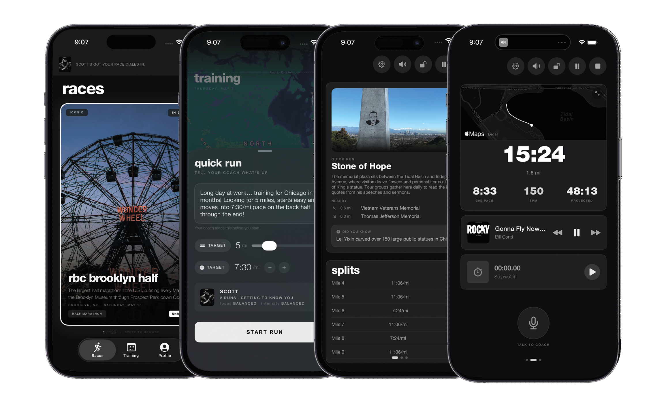 PaceKit app screens showing race browser, training, course intel, and live coaching